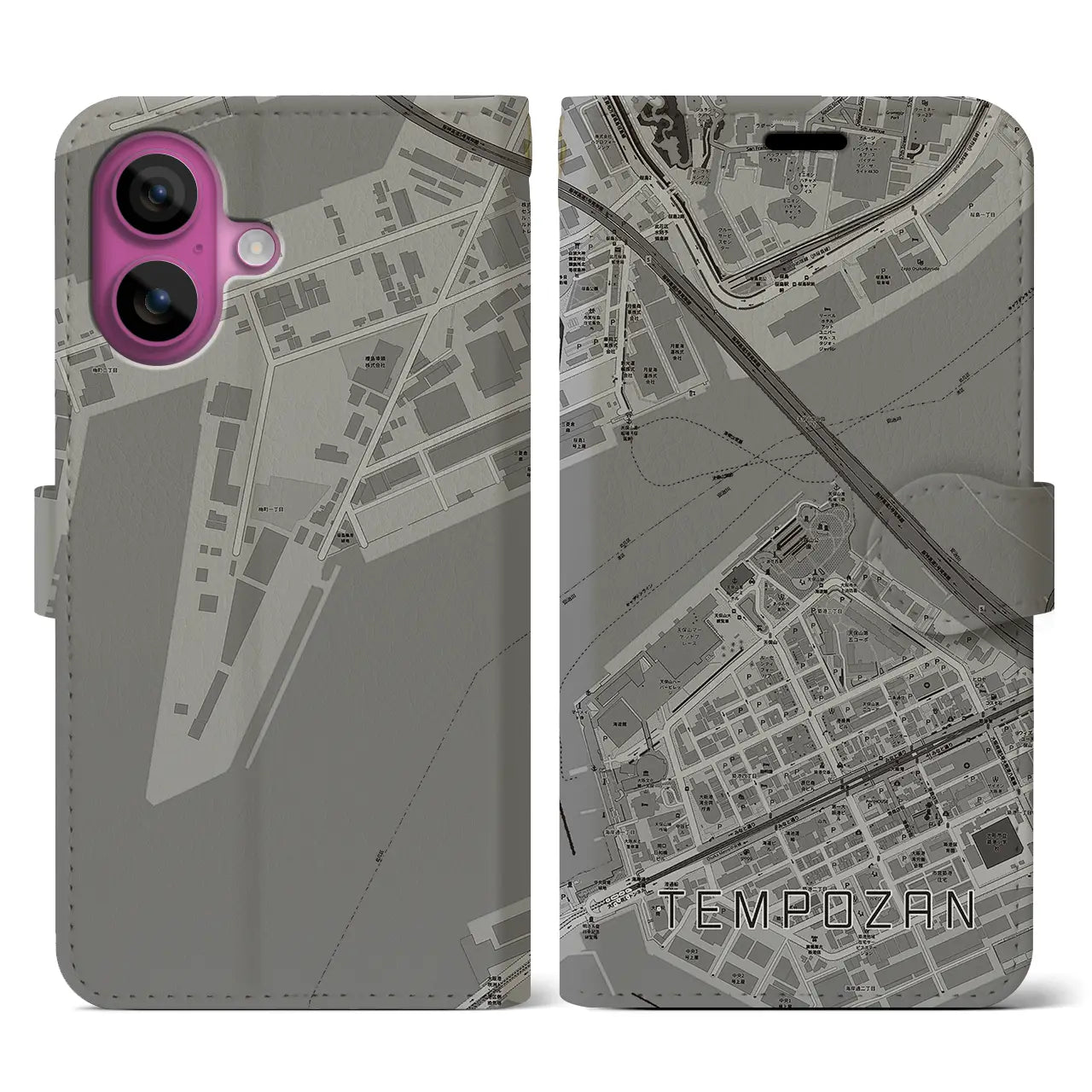 【天保山（大阪府）】地図柄iPhoneケース（手帳タイプ）モノトーン・iPhone 16 Pro 用