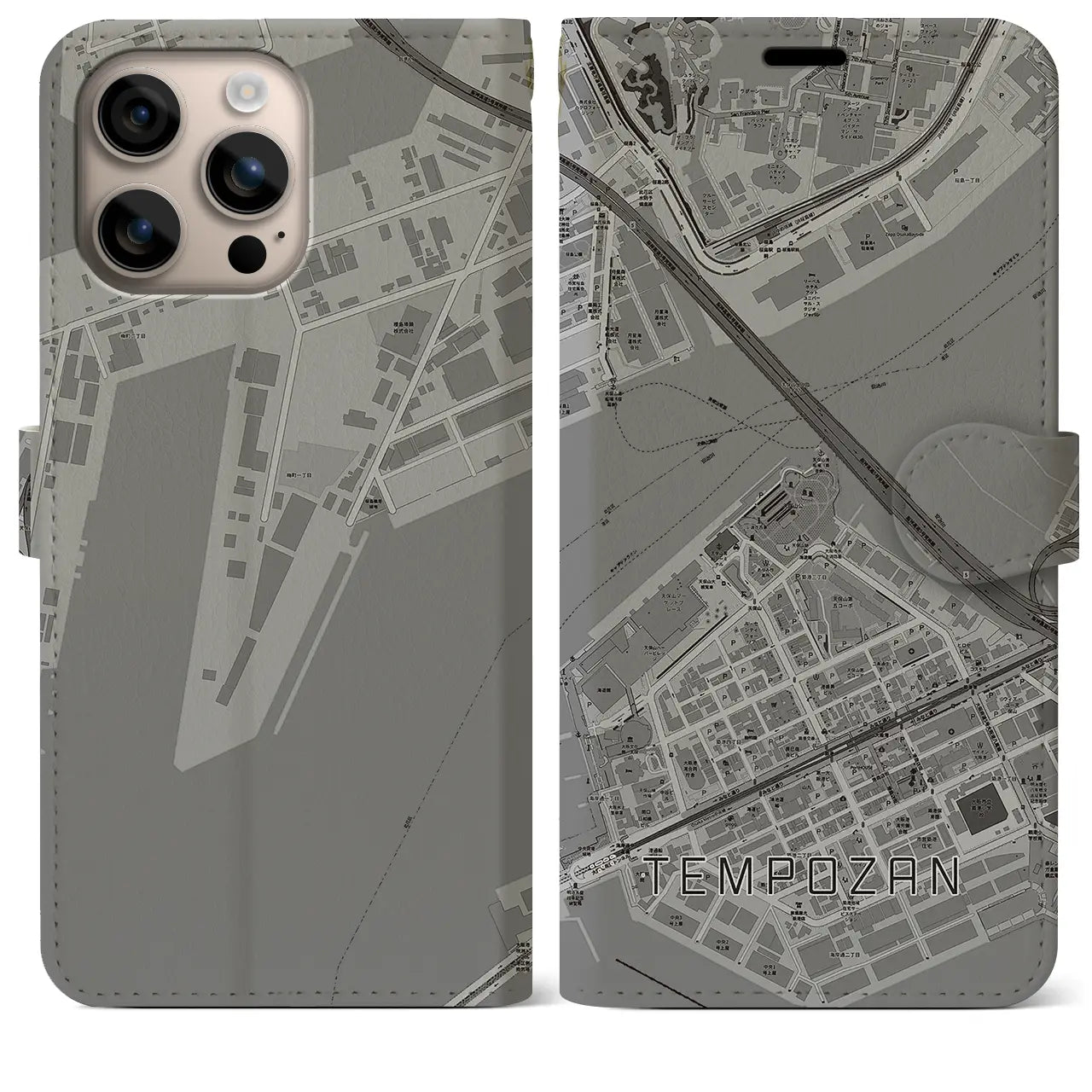 【天保山（大阪府）】地図柄iPhoneケース（手帳タイプ）モノトーン・iPhone 16 Plus 用