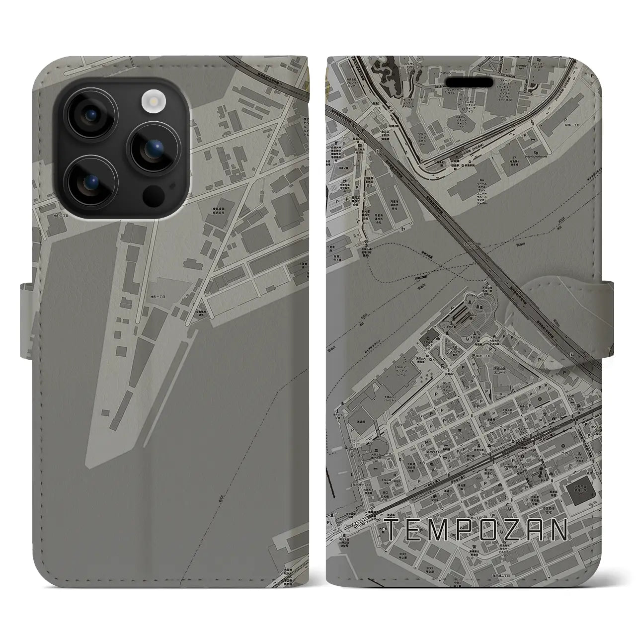 【天保山（大阪府）】地図柄iPhoneケース（手帳タイプ）モノトーン・iPhone 16 用