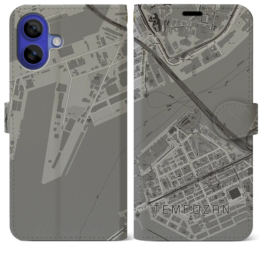 【天保山(大阪府)】地図柄iPhoneケース(手帳タイプ)モノトーン・iPhone 16 Pro Max 用