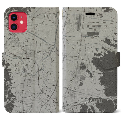 【天童（山形県）】地図柄iPhoneケース（手帳タイプ）モノトーン・iPhone 11 用