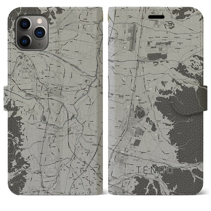 【天童（山形県）】地図柄iPhoneケース（手帳タイプ）モノトーン・iPhone 11 Pro Max 用