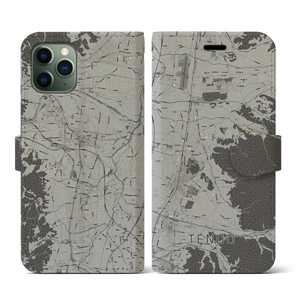 【天童（山形県）】地図柄iPhoneケース（手帳タイプ）モノトーン・iPhone 11 Pro 用