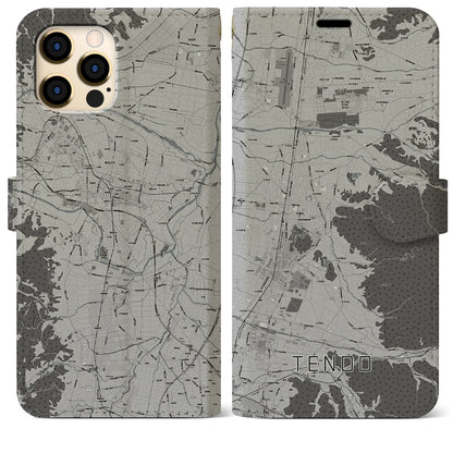 【天童（山形県）】地図柄iPhoneケース（手帳タイプ）モノトーン・iPhone 12 Pro Max 用