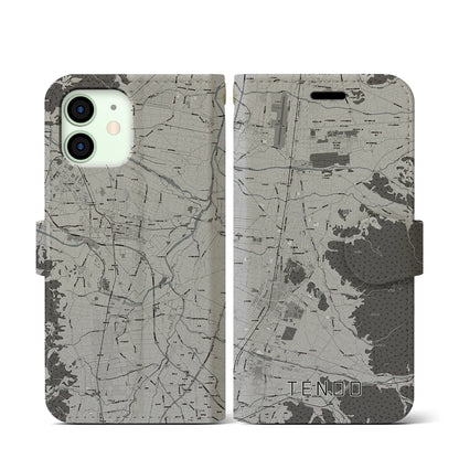 【天童（山形県）】地図柄iPhoneケース（手帳タイプ）モノトーン・iPhone 12 mini 用