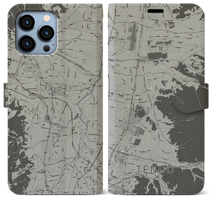 【天童（山形県）】地図柄iPhoneケース（手帳タイプ）モノトーン・iPhone 13 Pro Max 用