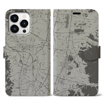 【天童（山形県）】地図柄iPhoneケース（手帳タイプ）モノトーン・iPhone 13 Pro 用