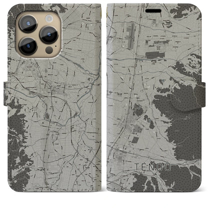 【天童（山形県）】地図柄iPhoneケース（手帳タイプ）モノトーン・iPhone 14 Pro Max 用