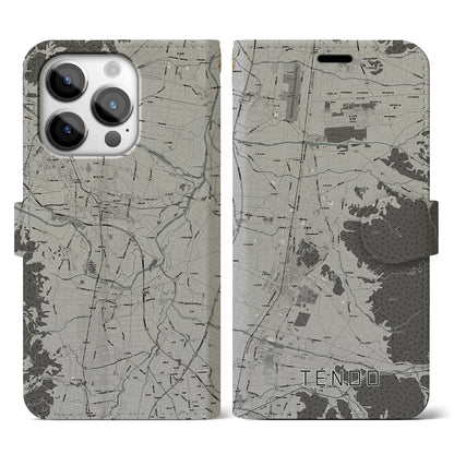 【天童（山形県）】地図柄iPhoneケース（手帳タイプ）モノトーン・iPhone 14 Pro 用