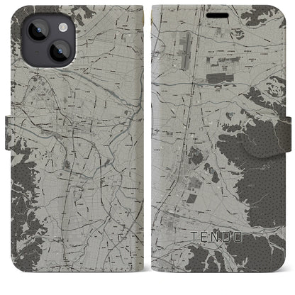 【天童（山形県）】地図柄iPhoneケース（手帳タイプ）モノトーン・iPhone 14 Plus 用