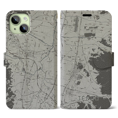 【天童（山形県）】地図柄iPhoneケース（手帳タイプ）モノトーン・iPhone 15 用