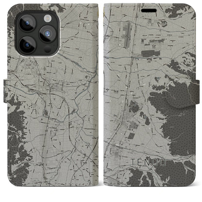 【天童（山形県）】地図柄iPhoneケース（手帳タイプ）モノトーン・iPhone 15 Pro Max 用