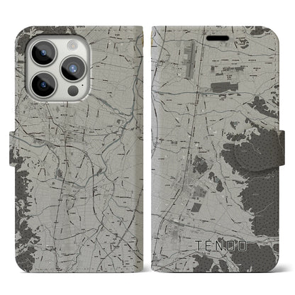 【天童（山形県）】地図柄iPhoneケース（手帳タイプ）モノトーン・iPhone 15 Pro 用