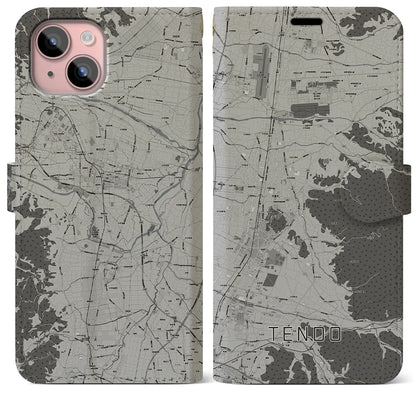 【天童（山形県）】地図柄iPhoneケース（手帳タイプ）モノトーン・iPhone 15 Plus 用