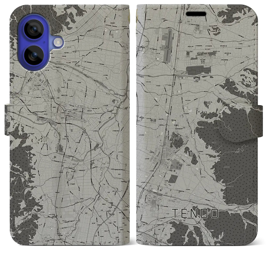 【天童(山形県)】地図柄iPhoneケース(手帳タイプ)モノトーン・iPhone 16 Pro Max 用