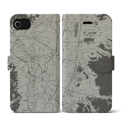 【天童（山形県）】地図柄iPhoneケース（手帳タイプ）モノトーン・iPhone SE（第3 / 第2世代） / 8 / 7 / 6s / 6 用