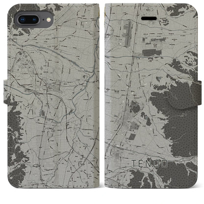 【天童（山形県）】地図柄iPhoneケース（手帳タイプ）モノトーン・iPhone 8Plus /7Plus / 6sPlus / 6Plus 用