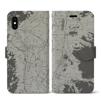 【天童（山形県）】地図柄iPhoneケース（手帳タイプ）モノトーン・iPhone XS / X 用