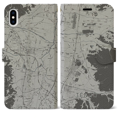 【天童（山形県）】地図柄iPhoneケース（手帳タイプ）モノトーン・iPhone XS Max 用