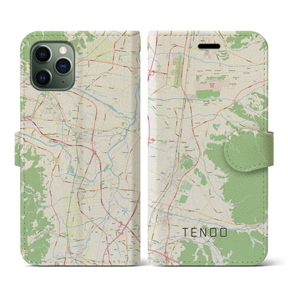 【天童（山形県）】地図柄iPhoneケース（手帳タイプ）ナチュラル・iPhone 11 Pro 用