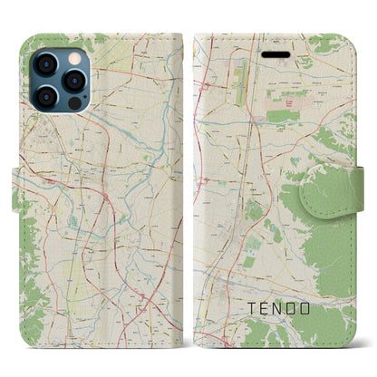 【天童（山形県）】地図柄iPhoneケース（手帳タイプ）ナチュラル・iPhone 12 / 12 Pro 用