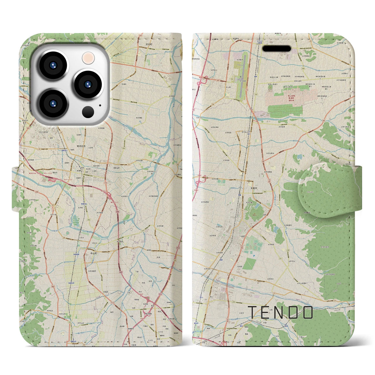 【天童】地図柄iPhoneケース（手帳両面タイプ・ナチュラル）iPhone 13 Pro 用