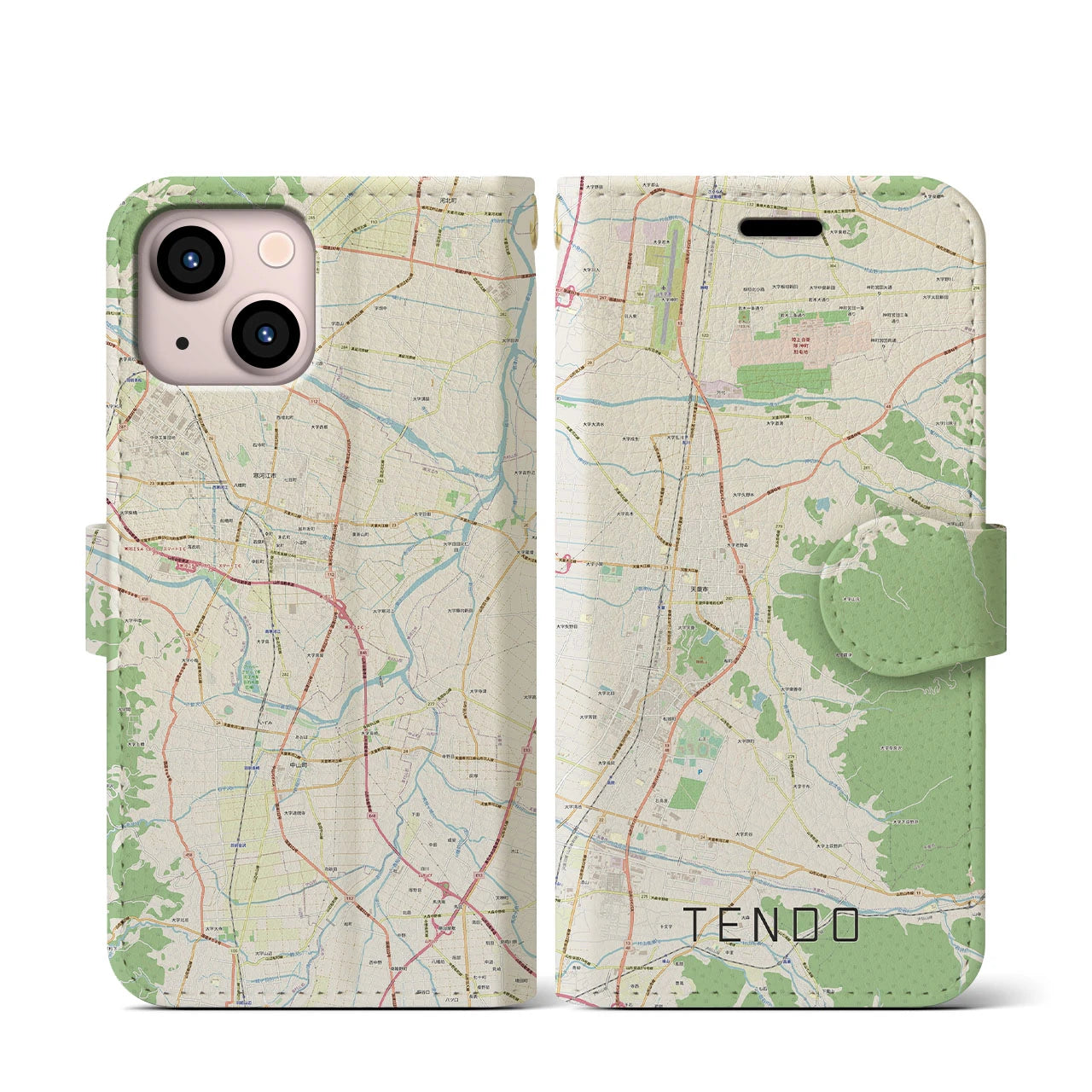 【天童】地図柄iPhoneケース（手帳両面タイプ・ナチュラル）iPhone 13 mini 用