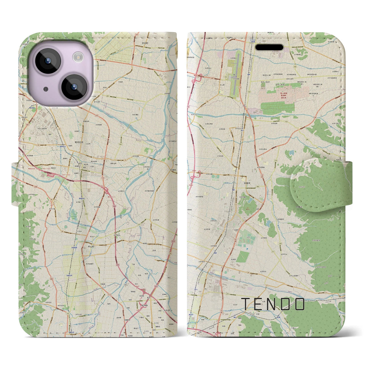 【天童】地図柄iPhoneケース（手帳両面タイプ・ナチュラル）iPhone 14 用