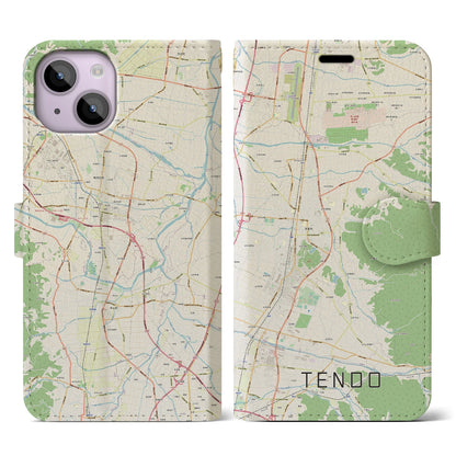 【天童（山形県）】地図柄iPhoneケース（手帳タイプ）ナチュラル・iPhone 14 用