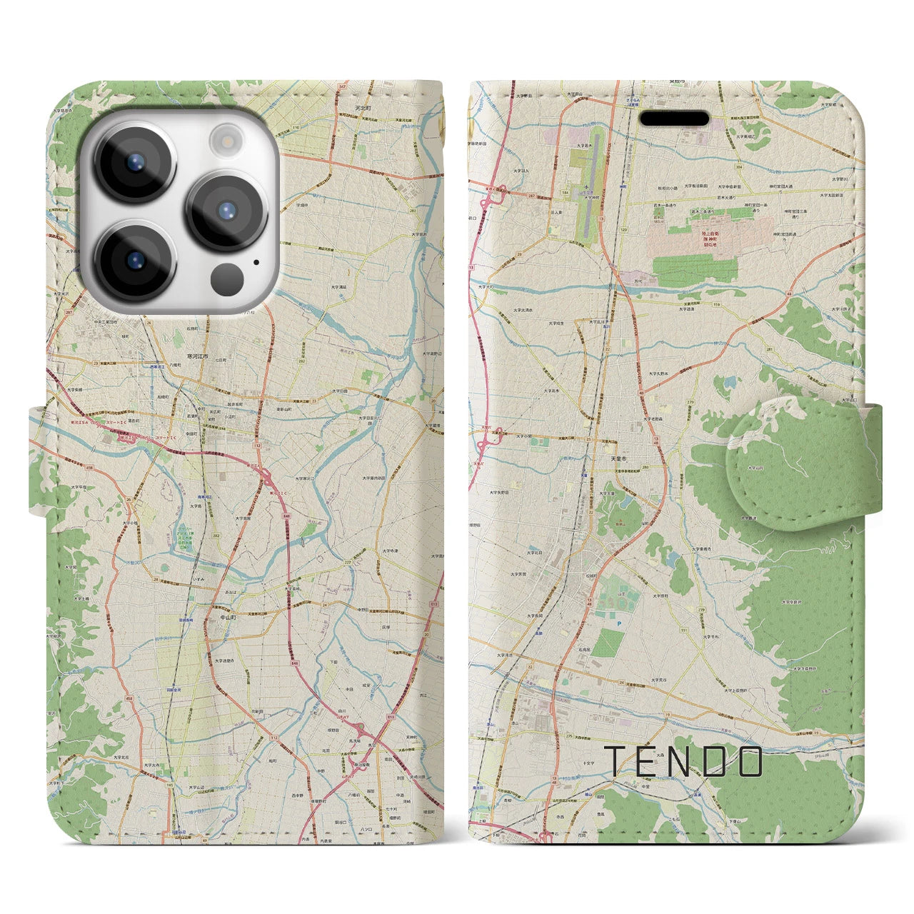 【天童】地図柄iPhoneケース（手帳両面タイプ・ナチュラル）iPhone 14 Pro 用