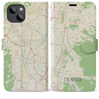 【天童（山形県）】地図柄iPhoneケース（手帳タイプ）ナチュラル・iPhone 14 Plus 用