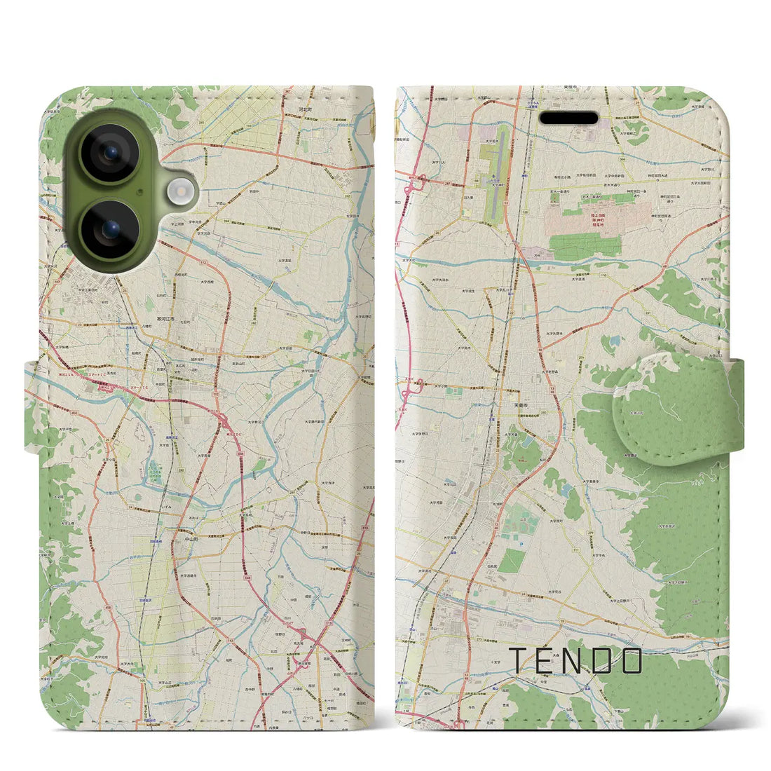 【天童（山形県）】地図柄iPhoneケース（手帳タイプ）ナチュラル・iPhone 17 Pro Max 用