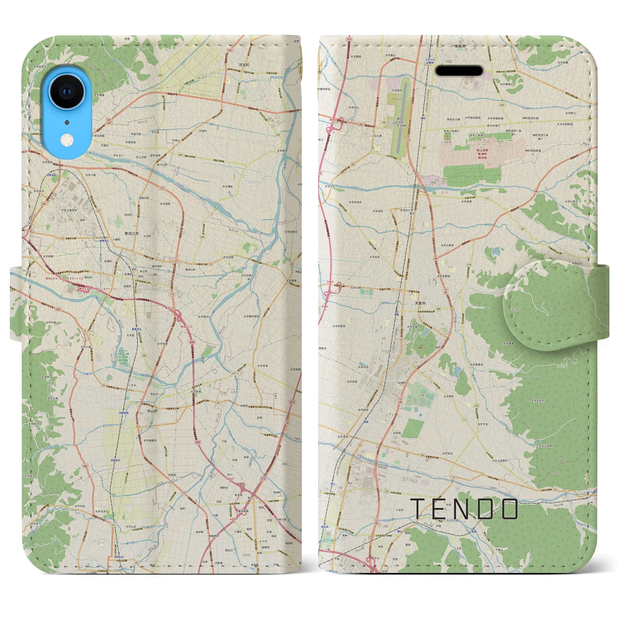 【天童】地図柄iPhoneケース（手帳両面タイプ・ナチュラル）iPhone XR 用