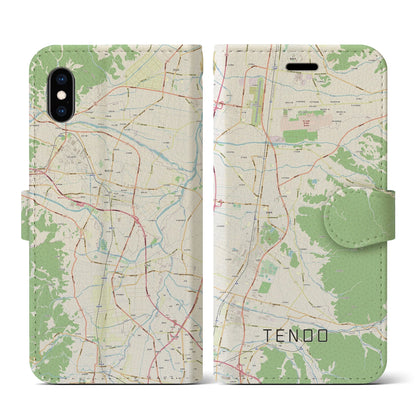 【天童（山形県）】地図柄iPhoneケース（手帳タイプ）ナチュラル・iPhone XS / X 用