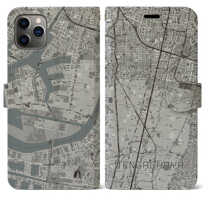 【天下茶屋（大阪府）】地図柄iPhoneケース（手帳タイプ）モノトーン・iPhone 11 Pro Max 用