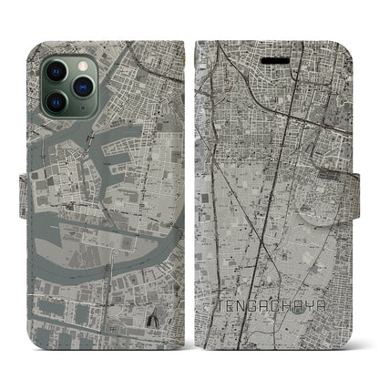 【天下茶屋（大阪府）】地図柄iPhoneケース（手帳タイプ）モノトーン・iPhone 11 Pro 用