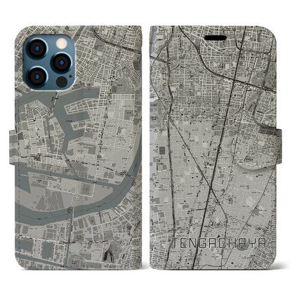 【天下茶屋（大阪府）】地図柄iPhoneケース（手帳タイプ）モノトーン・iPhone 12 / 12 Pro 用