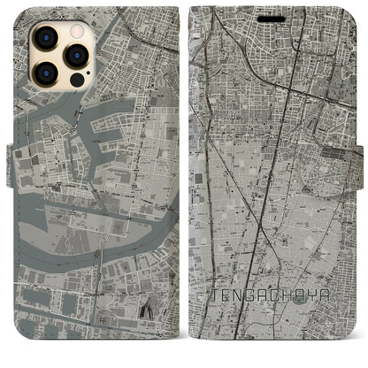 【天下茶屋（大阪府）】地図柄iPhoneケース（手帳タイプ）モノトーン・iPhone 12 Pro Max 用