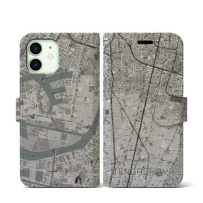【天下茶屋（大阪府）】地図柄iPhoneケース（手帳タイプ）モノトーン・iPhone 12 mini 用