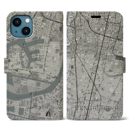 【天下茶屋（大阪府）】地図柄iPhoneケース（手帳タイプ）モノトーン・iPhone 13 用