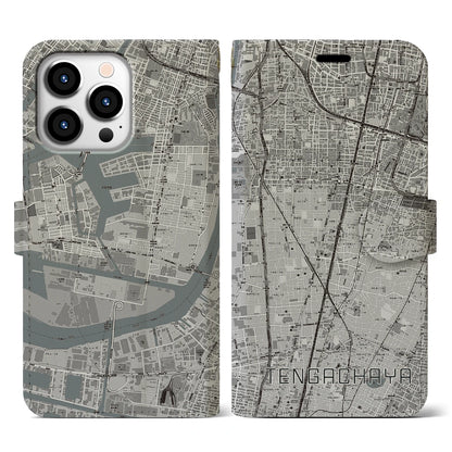 【天下茶屋（大阪府）】地図柄iPhoneケース（手帳タイプ）モノトーン・iPhone 13 Pro 用