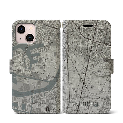 【天下茶屋（大阪府）】地図柄iPhoneケース（手帳タイプ）モノトーン・iPhone 13 mini 用