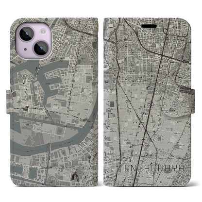 【天下茶屋（大阪府）】地図柄iPhoneケース（手帳タイプ）モノトーン・iPhone 14 用