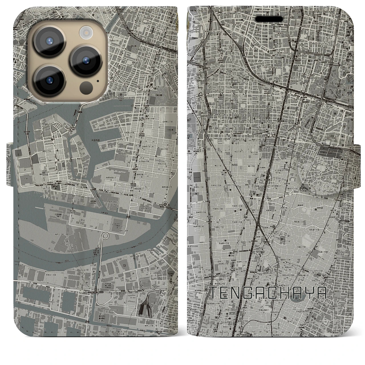 【天下茶屋】地図柄iPhoneケース（手帳両面タイプ・モノトーン）iPhone 14 Pro Max 用
