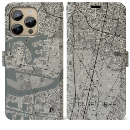 【天下茶屋（大阪府）】地図柄iPhoneケース（手帳タイプ）モノトーン・iPhone 14 Pro Max 用