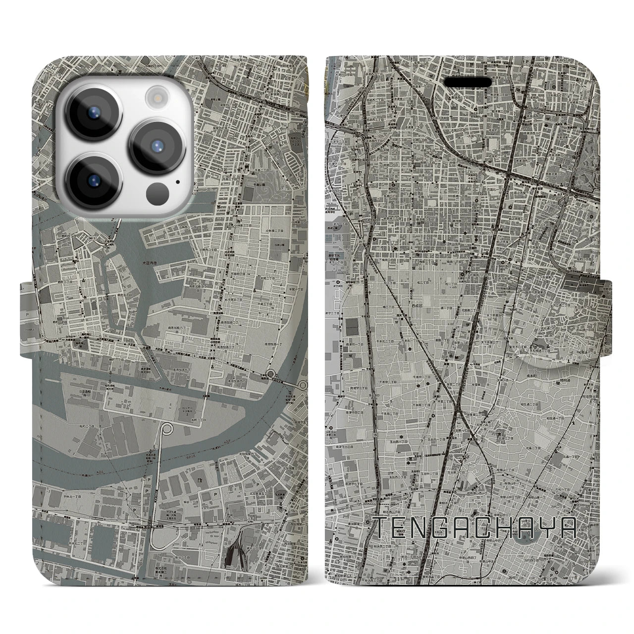 【天下茶屋】地図柄iPhoneケース（手帳両面タイプ・モノトーン）iPhone 14 Pro 用