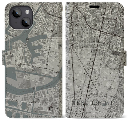 【天下茶屋（大阪府）】地図柄iPhoneケース（手帳タイプ）モノトーン・iPhone 14 Plus 用