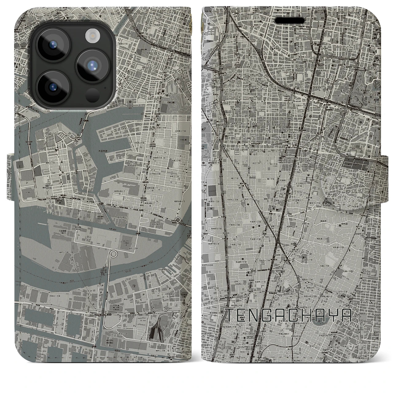 【天下茶屋】地図柄iPhoneケース（手帳両面タイプ・モノトーン）iPhone 15 Pro Max 用