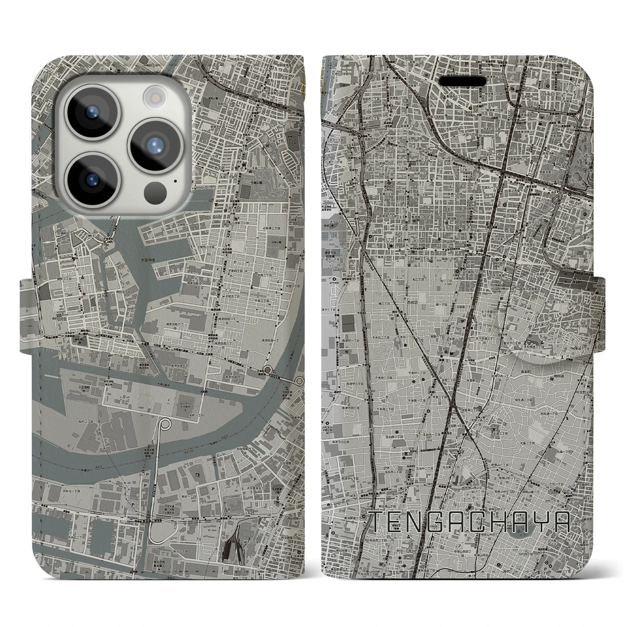 【天下茶屋】地図柄iPhoneケース（手帳両面タイプ・モノトーン）iPhone 15 Pro 用