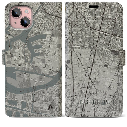 【天下茶屋（大阪府）】地図柄iPhoneケース（手帳タイプ）モノトーン・iPhone 15 Plus 用
